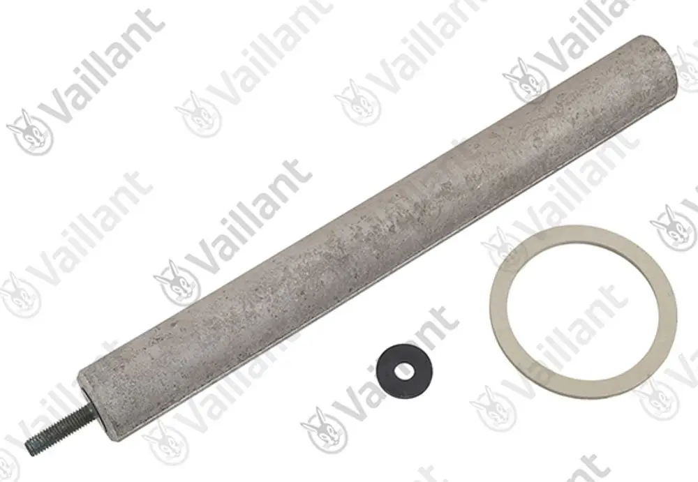 Vaillant Anode aus Metall, zylindrisch mit Gewinde, ergänzt durch zwei Dichtungen in Schwarz und Beige, in neutralem Hintergrund.